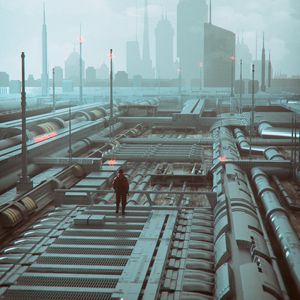 Preview wallpaper man, buildings, city, fog, art