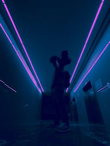 Preview wallpaper man, camera, neon, corridor, dark