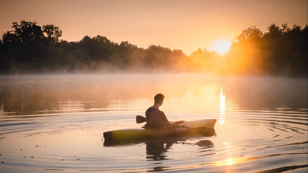 Wallpaper man, canoe, lake, sunset, fog