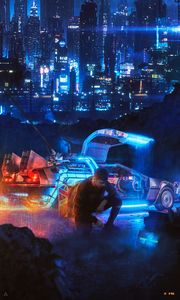 Preview wallpaper man, car, city, neon, cyberpunk