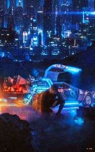 Preview wallpaper man, car, city, neon, cyberpunk