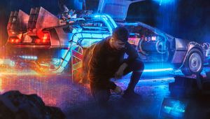 Preview wallpaper man, car, city, neon, cyberpunk