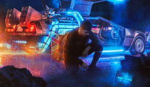 Preview wallpaper man, car, city, neon, cyberpunk