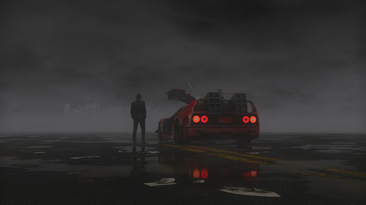 Wallpaper man, car, lights, dark