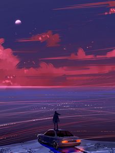 Preview wallpaper man, car, view, alone, art