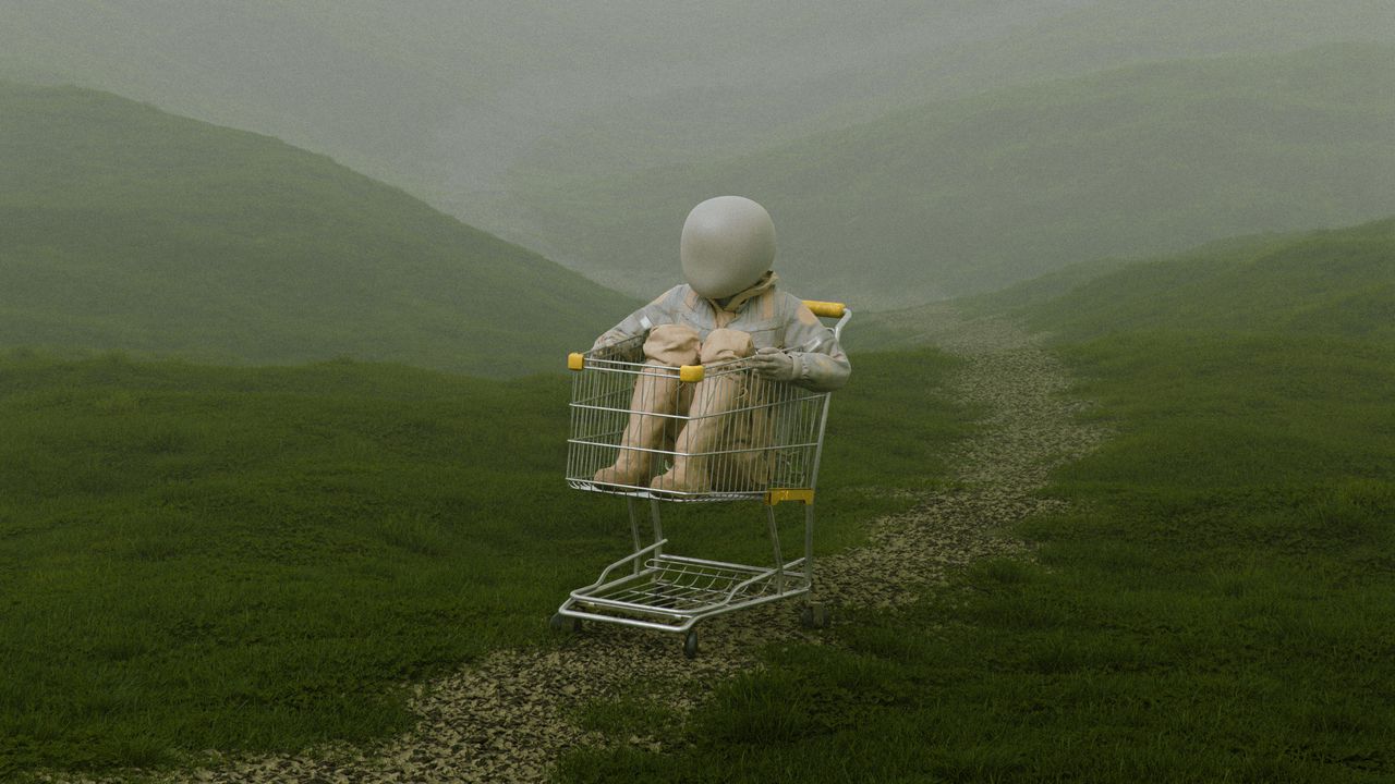 Wallpaper man, cart, hills, grass, fog, art