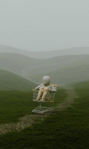 Preview wallpaper man, cart, hills, grass, fog, art