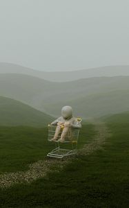 Preview wallpaper man, cart, hills, grass, fog, art