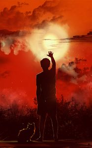 Preview wallpaper man, cat, silhouettes, sunset, art