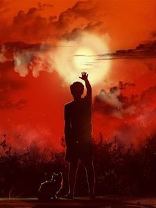 Preview wallpaper man, cat, silhouettes, sunset, art