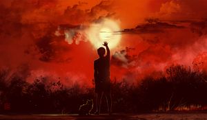 Preview wallpaper man, cat, silhouettes, sunset, art