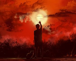Preview wallpaper man, cat, silhouettes, sunset, art