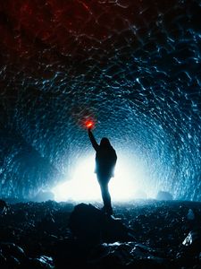 Preview wallpaper man, cave, light, tunnel, glow