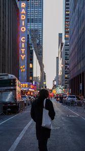 Preview wallpaper man, city, loneliness, fog, street