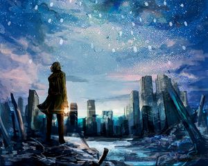 Preview wallpaper man, city, ruins, alone, art