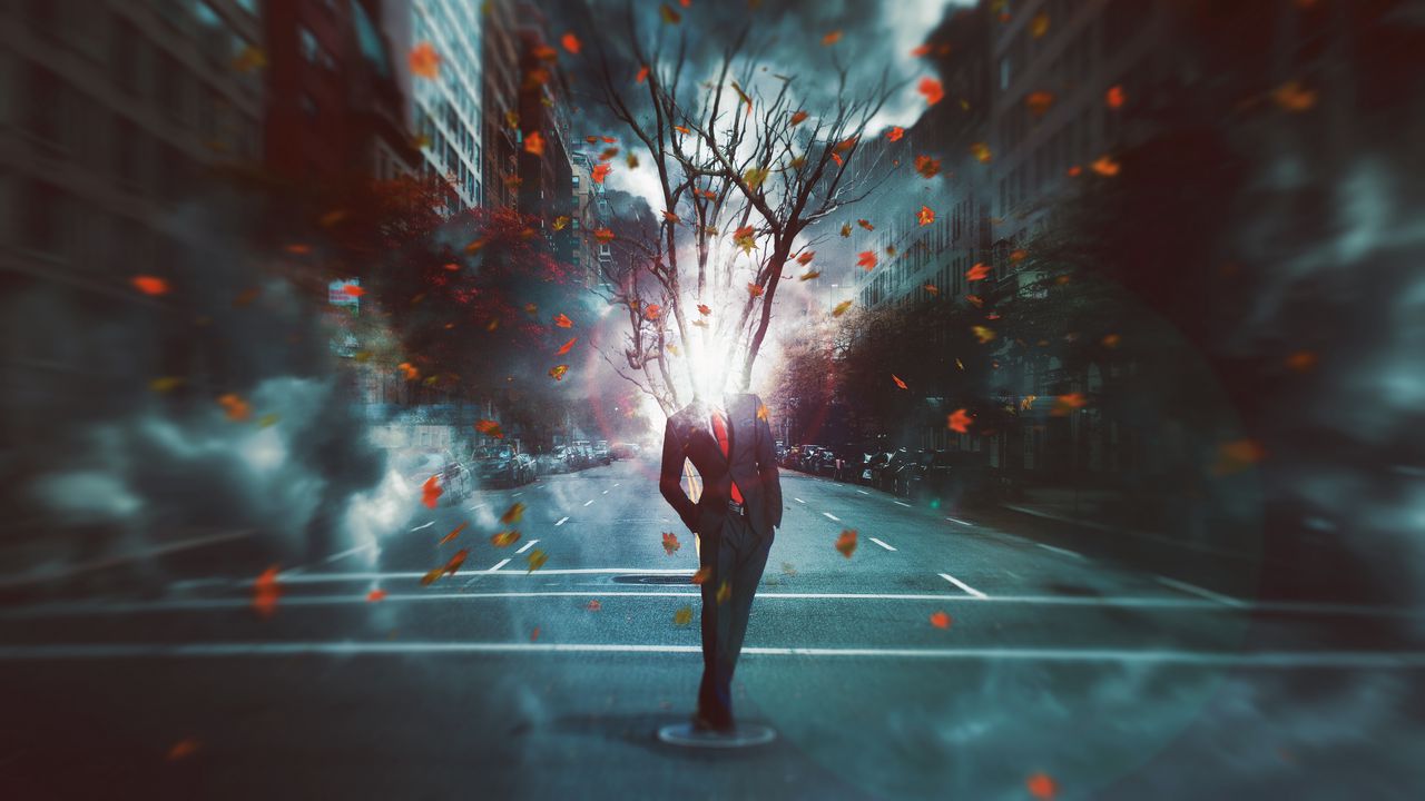 Wallpaper man, city, surrealism, tree, foliage, light, transience, digital art