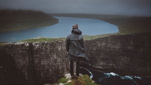 Preview wallpaper man, cliff, river, fog, landscape