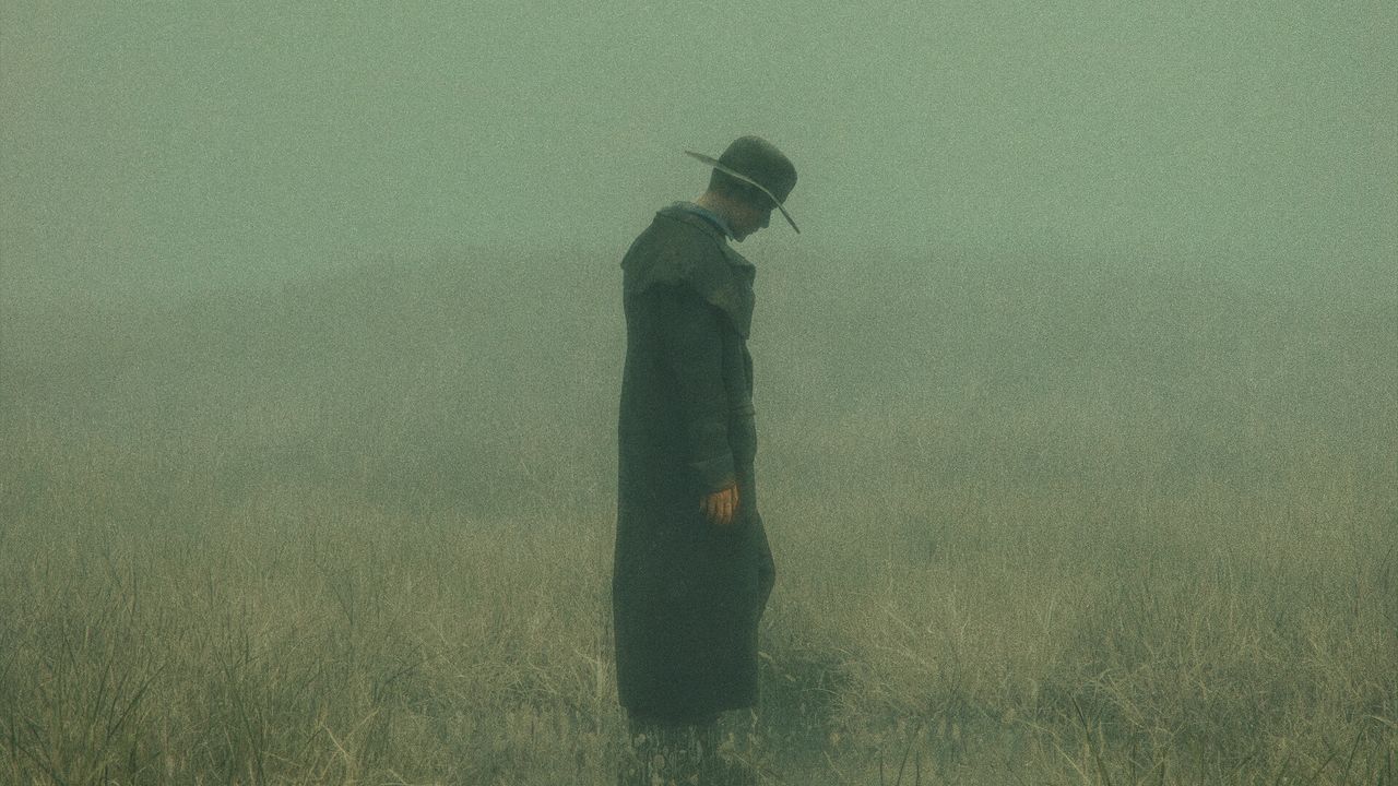 Wallpaper man, cloak, hat, field, fog, dark, art