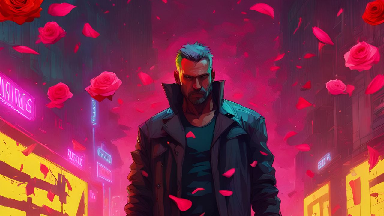 Wallpaper man, cloak, roses, petals, street, art