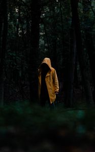 Preview wallpaper man, cloak, yellow, trees, forest