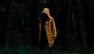 Preview wallpaper man, cloak, yellow, trees, forest