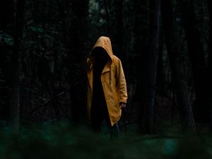 Preview wallpaper man, cloak, yellow, trees, forest