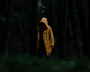 Preview wallpaper man, cloak, yellow, trees, forest