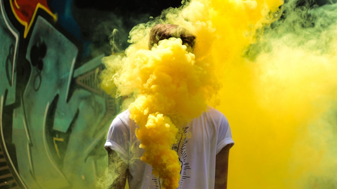 Wallpaper man, colored smoke, yellow, clots