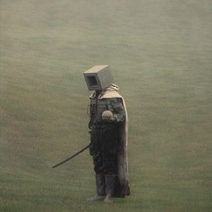 Preview wallpaper man, cube, ball, sword, cloak, grass, art