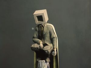 Preview wallpaper man, cube, ball, cloak, surrealism, art