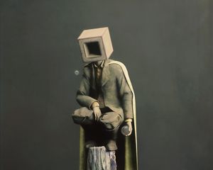 Preview wallpaper man, cube, ball, cloak, surrealism, art