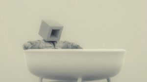 Preview wallpaper man, cube, bath, surrealism, minimalism, art