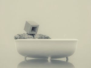 Preview wallpaper man, cube, bath, surrealism, minimalism, art