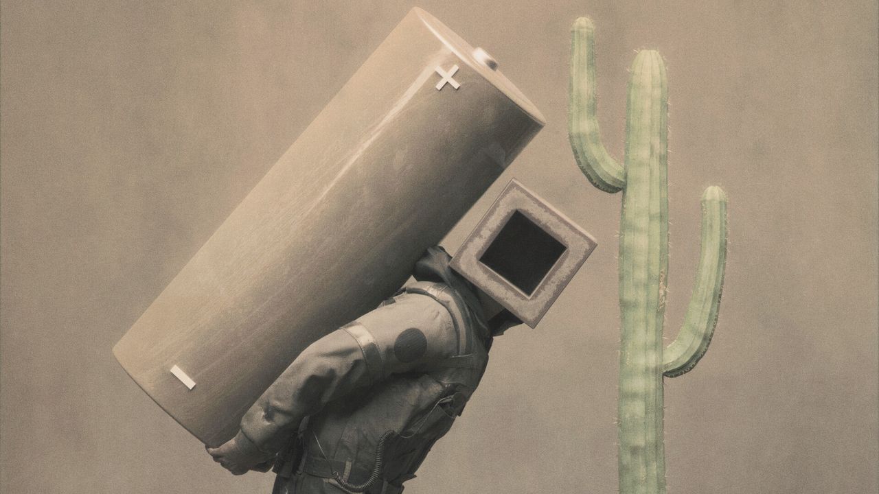 Wallpaper man, cube, battery, cactus, art