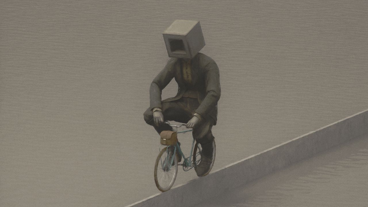 Wallpaper man, cube, bicycle, art