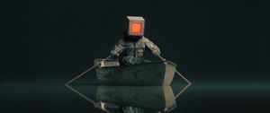 Preview wallpaper man, cube, boat, water, reflection, art