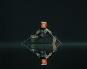 Preview wallpaper man, cube, boat, water, reflection, art