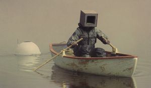 Preview wallpaper man, cube, boat, fantasy, art