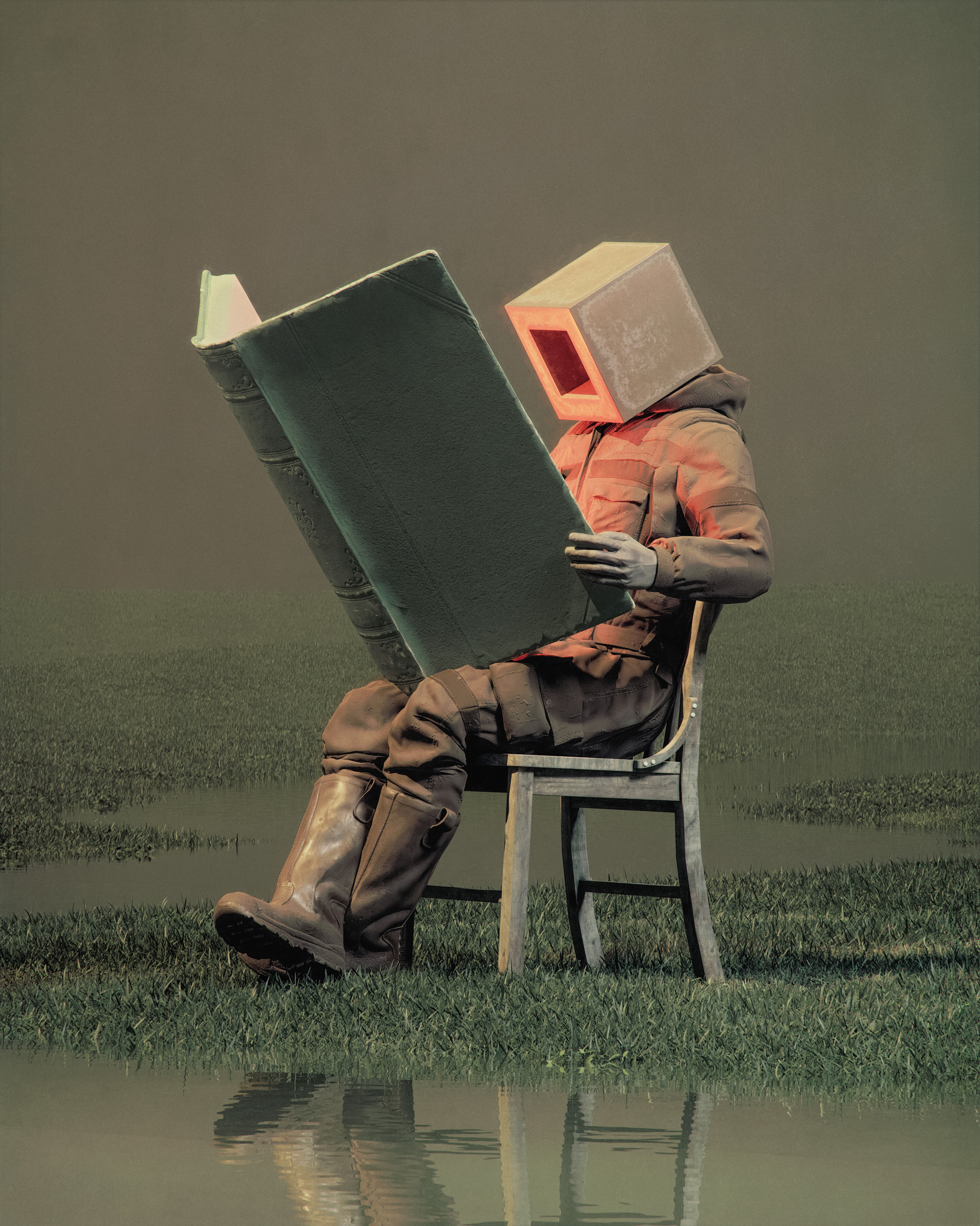 3200x4000 Wallpaper man, cube, book, chair, swamp, art