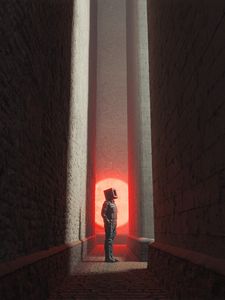 Preview wallpaper man, cube, building, tunnel, light, art