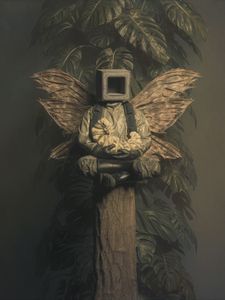 Preview wallpaper man, cube, butterfly, caterpillar, leaves, art