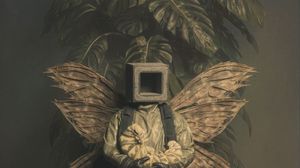 Preview wallpaper man, cube, butterfly, caterpillar, leaves, art