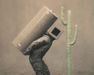 Preview wallpaper man, cube, cactus, battery, art, fantasy
