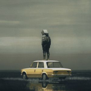 Preview wallpaper man, cube, car, swamp, reflection, art