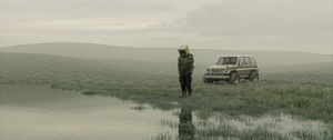 Preview wallpaper man, cube, car, suv, swamp, art