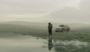 Preview wallpaper man, cube, car, suv, swamp, art