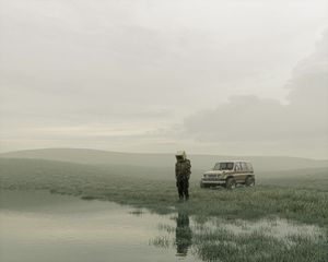 Preview wallpaper man, cube, car, suv, swamp, art