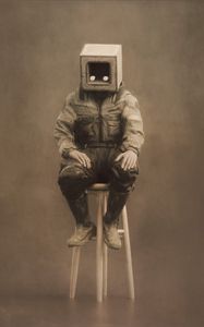 Preview wallpaper man, cube, chair, pose, art