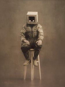 Preview wallpaper man, cube, chair, pose, art
