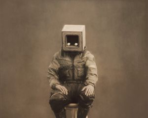 Preview wallpaper man, cube, chair, pose, art
